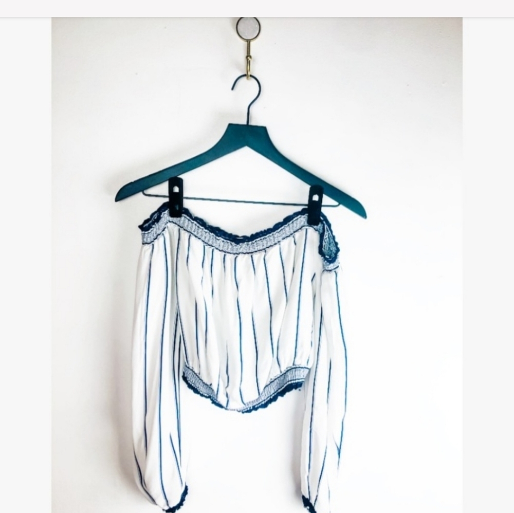 Lovers + Friends blue stripped off the shouldertop